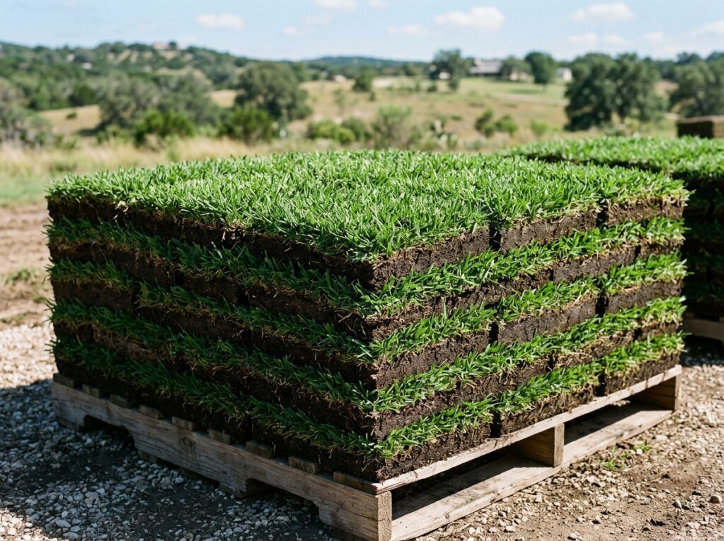 Close-up of Zoysia Stadium sod pallet with square pieces in Helotes TX