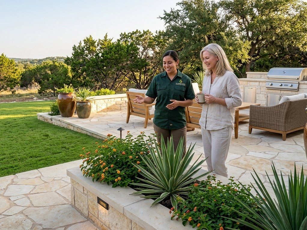Patio designer discusses patio installation service with homeonwer in San Antonio, TX