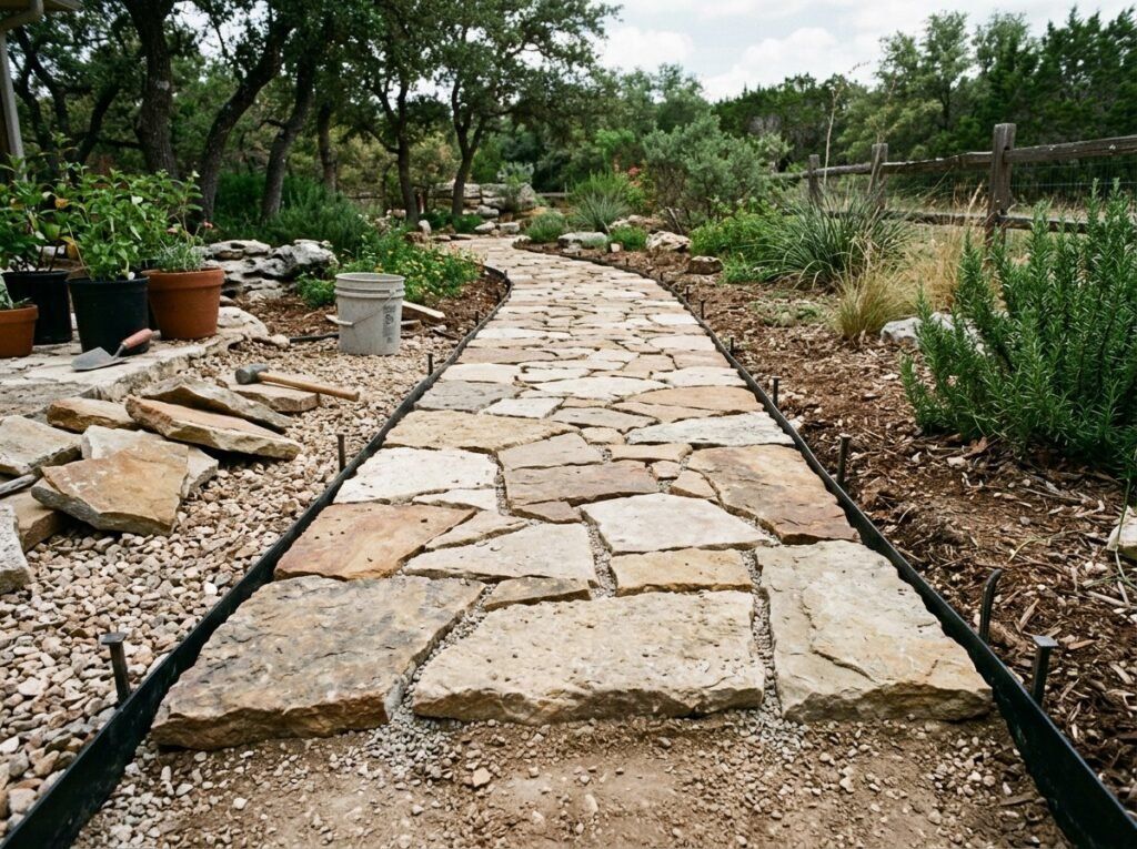 San Antonio dry-laid flagstone pathway installation under construction with edge restraint and unfinished borders