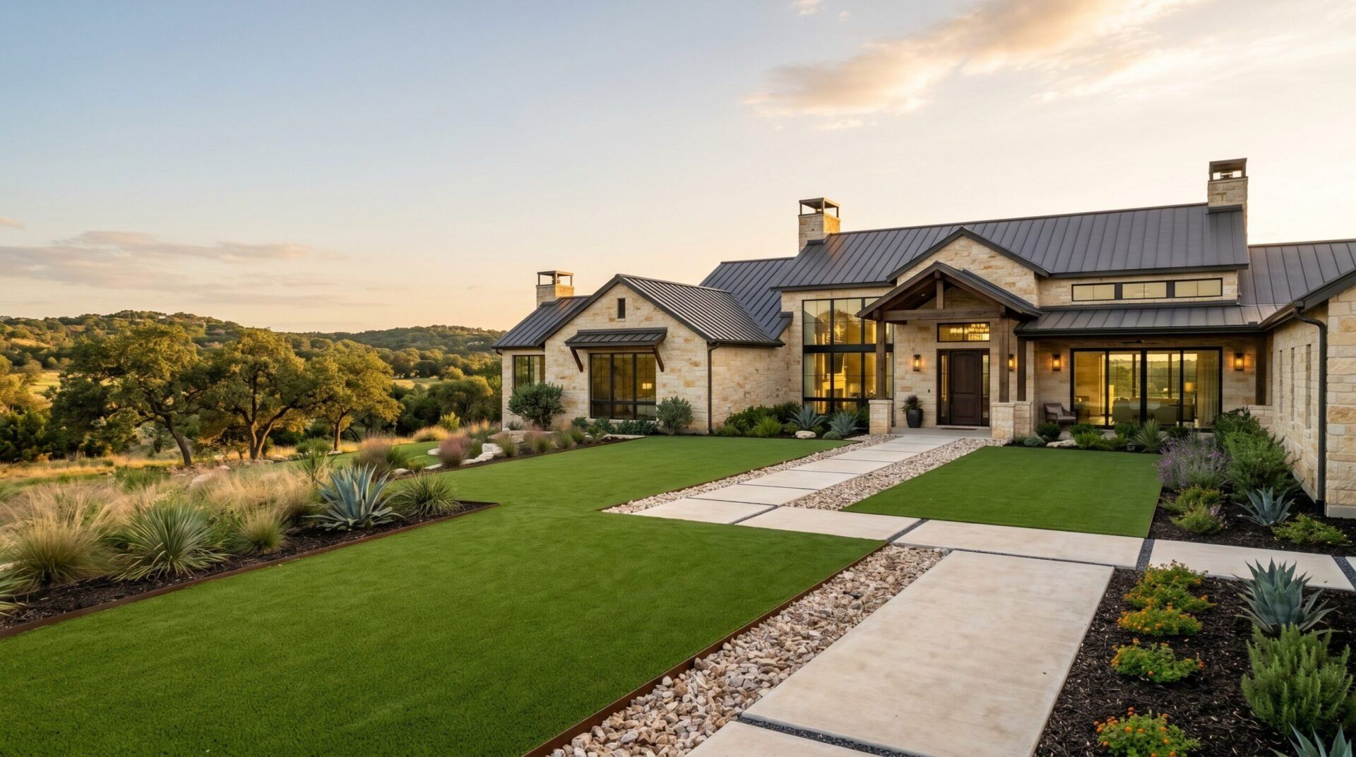Luxury San Antonio Hill Country home with artificial turf, decorative rock beds, mulch, and drought-conscious landscaping.