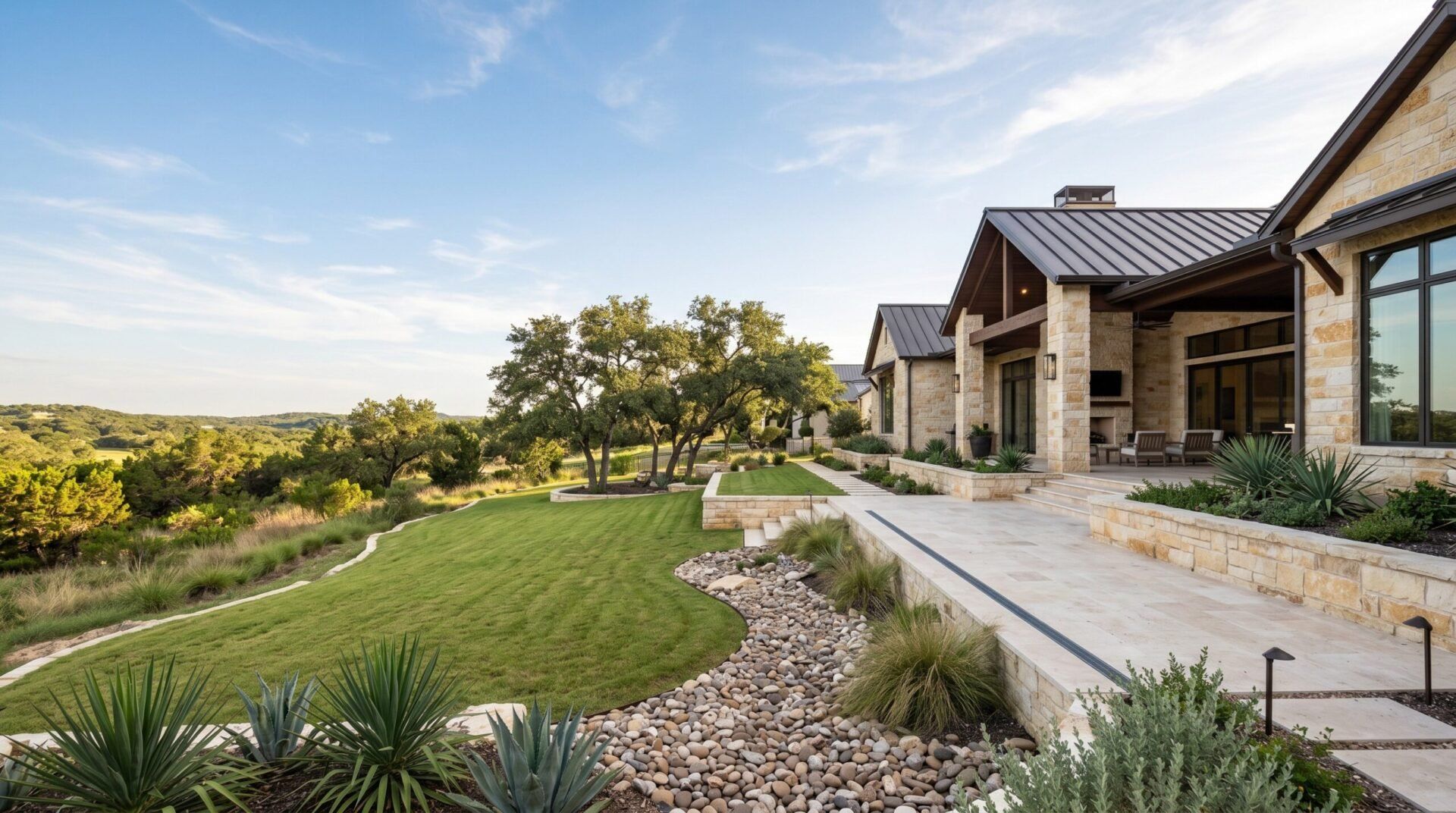 Luxury San Antonio Hill Country home with professional landscape drainage, yard grading, stone retaining walls, and erosion control.