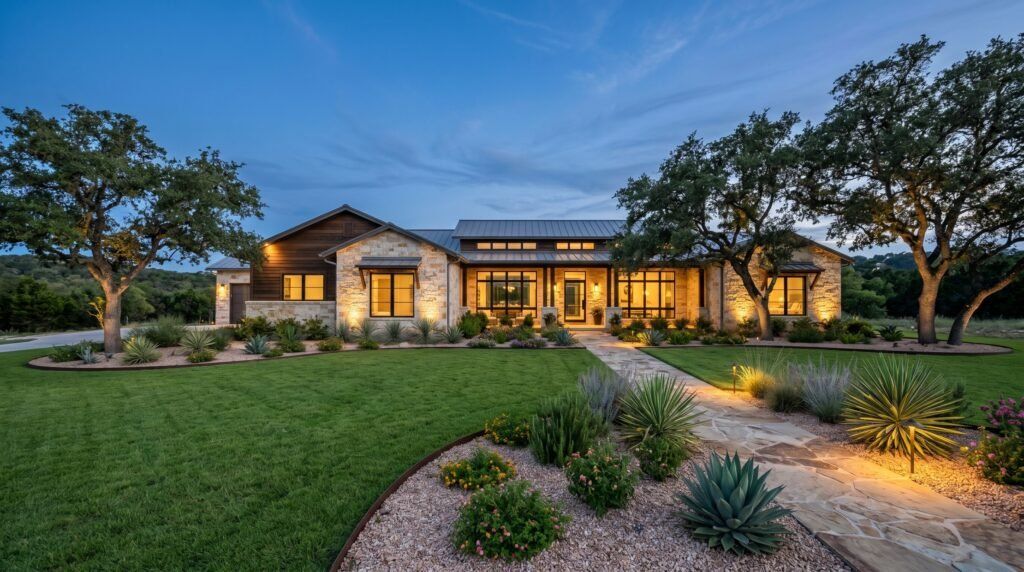 Luxury San Antonio Hill Country home with professionally designed landscape lighting, native Texas plants, a green lawn, and polished residential landscaping by a local landscaping company.