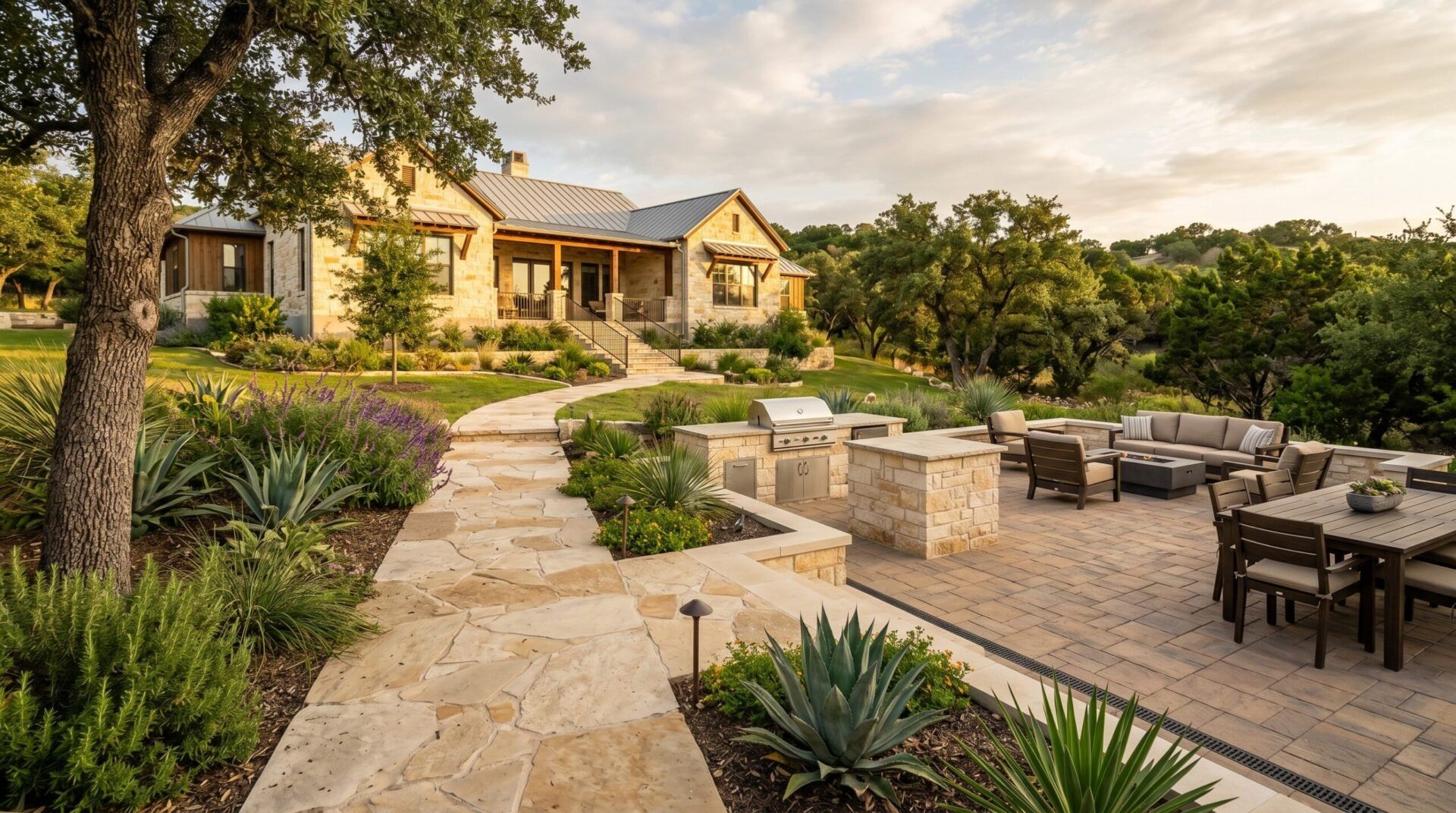 Luxury San Antonio Hill Country home with a professionally installed paver patio, flagstone walkway, masonry steps, and native landscape design.