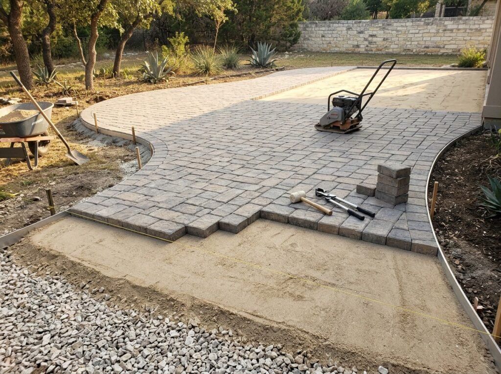 San Antonio interlocking concrete paver patio installation under construction with visible base preparation and drainage grading
