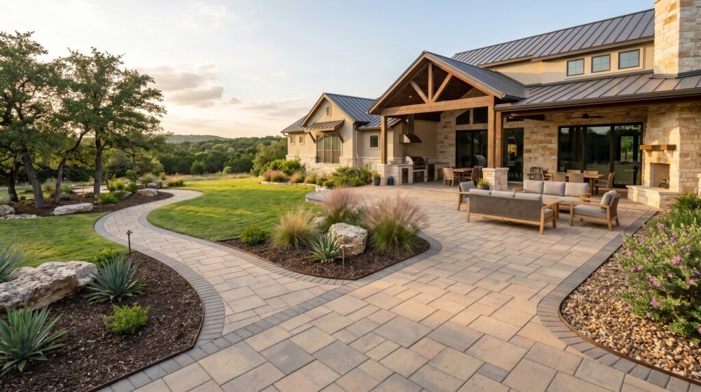 Luxury backyard paver patio and walkway installation by a San Antonio landscaping company in the Fair Oaks Ranch area.