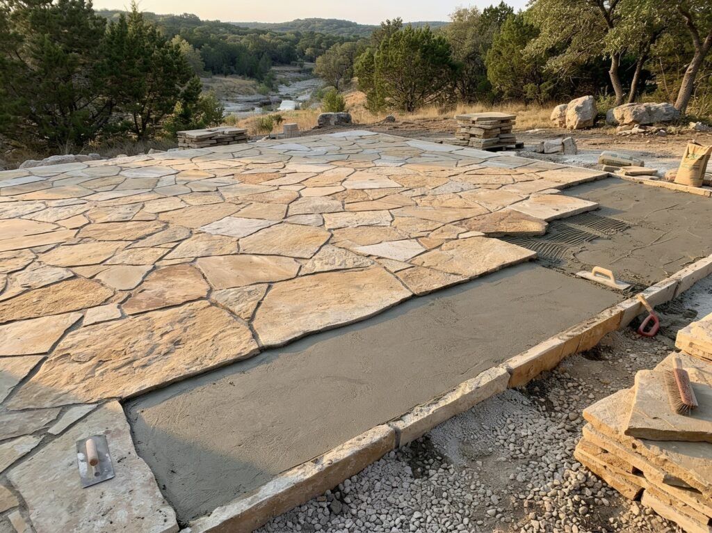 San Antonio wet-laid flagstone patio installation under construction with mortar base and visible joints