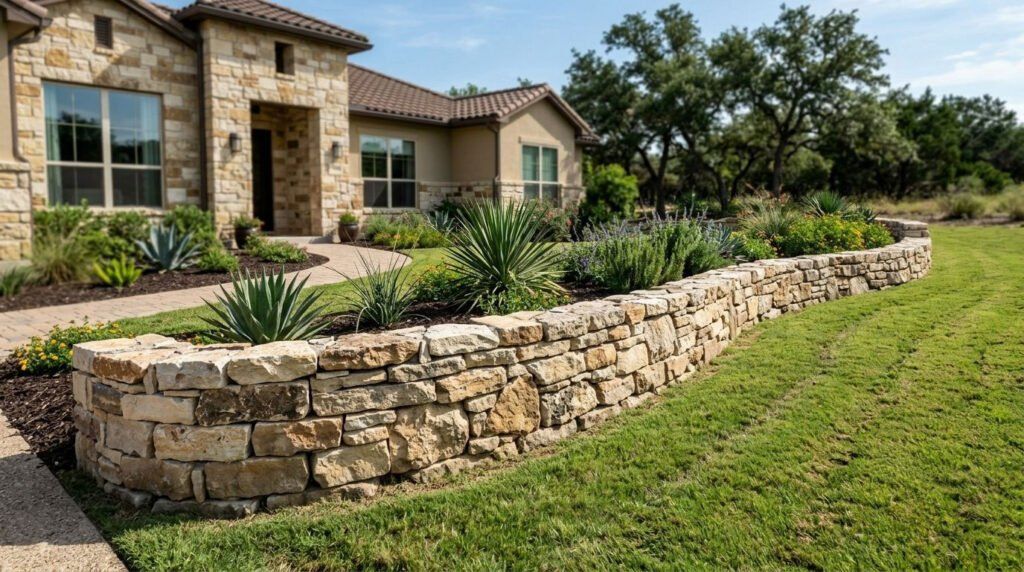 Completed landscape installation with natural stone edging, gravel groundcover, and drought-tolerant plants in a backyard bed