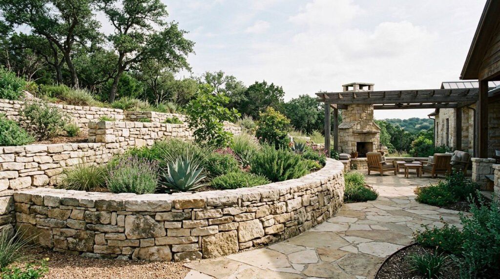 Natural stone landscape edging and paver walkway installation with gravel bed and native plants