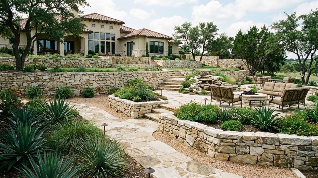 Completed natural stone landscape installation with boulder edging, mulch beds, and drought-tolerant plants