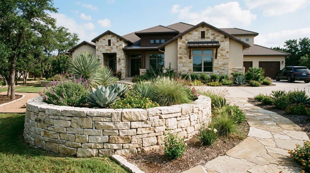 Completed natural stone landscape installation with boulder accents, stone edging, and drought-tolerant plants