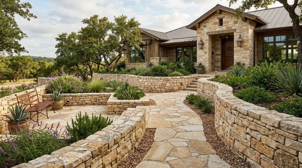 Completed natural stone landscape installation with stacked stone edging, planting beds, and mulch