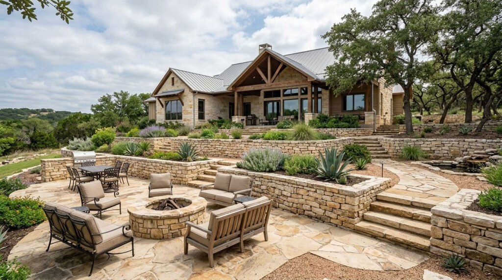 Completed natural stone landscape with stone patio, rock border, and drought-tolerant plants